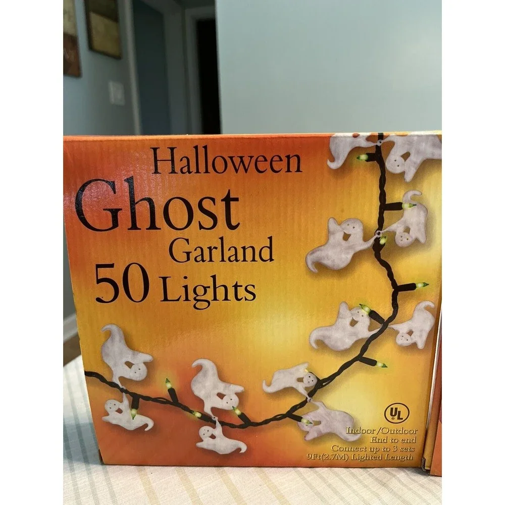 NIB - Lot of 2 - Halloween Ghost Garland Lights & Pumpkin Garland Lights